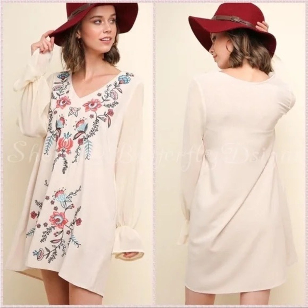 Umgee Embroidered Floral Tunic Dress Bohemian Long Sleeve Beige Size S‎